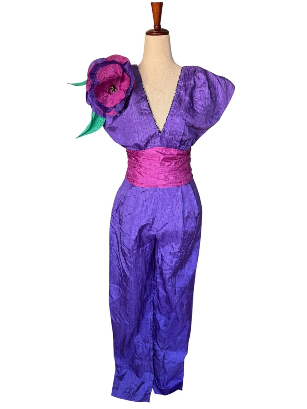 Vintage 80s BB Collections Barbara Barbara Purple Jumpsuit Flower Corsage Small